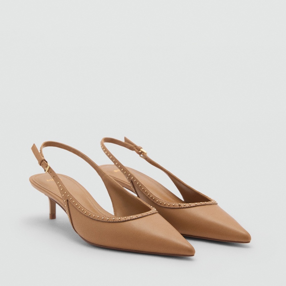 Mango Studded Slingback Kitten Heels – Camel Tan Brown US 8.5 EURO 39